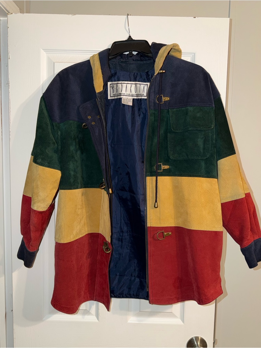 Vintage 90s BB Dakota Colorblock Suede Leather Jacket Hooded Toggle Fireman